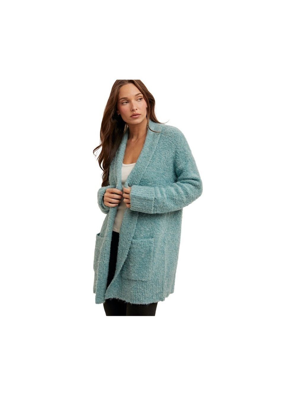Hem & Thread Long Sleeve Aqua Open Front Fuzzy Cardigan Sweater NWT Size M
